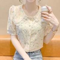 puff sleeve printing shirts women new french sweet lace peter pan collar tops summer fashion ladies embroidery button blouses