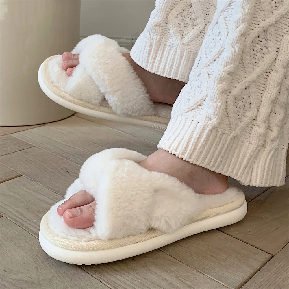 Fashion Cross Fluffy Fur Slippers 2022 New Women Winter Home Warm Plush Slippers Home Indoor Floor Flip Flops House Fur Slippers