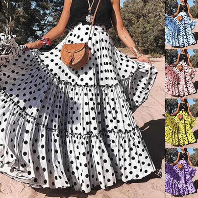 HOT SALES！！！New Arrival Summer Women Plus Size Polka Dot High Waist Ruffled A Line Swing Maxi Skirt Wholesale Dropshipping