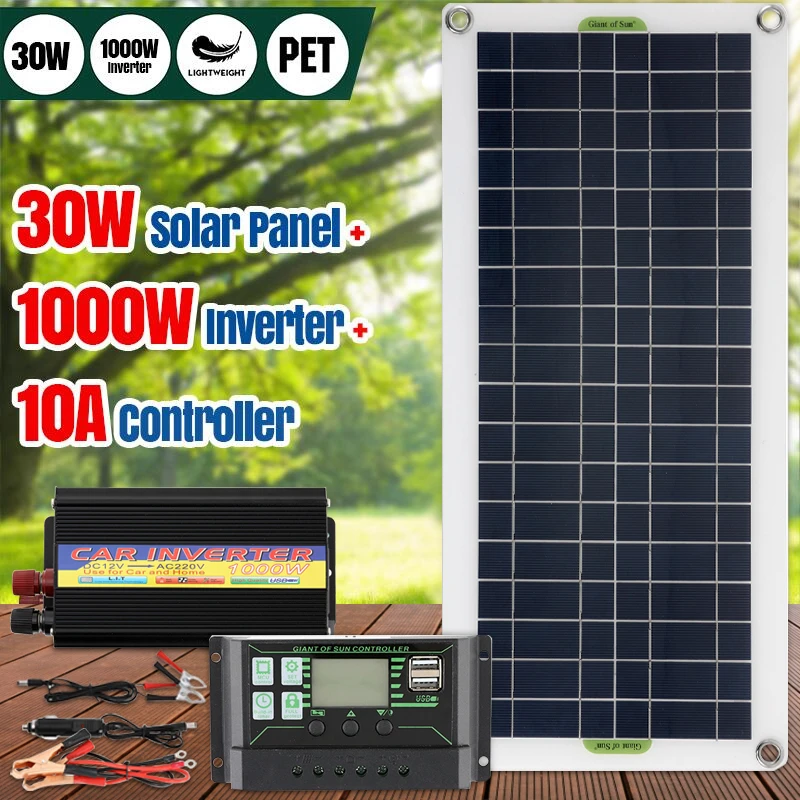 220V Solar Power System 30W Solar Panel Battery Charger 1000W 220W Inverter USB Kit Complete Controller 220V Home Grid Camping