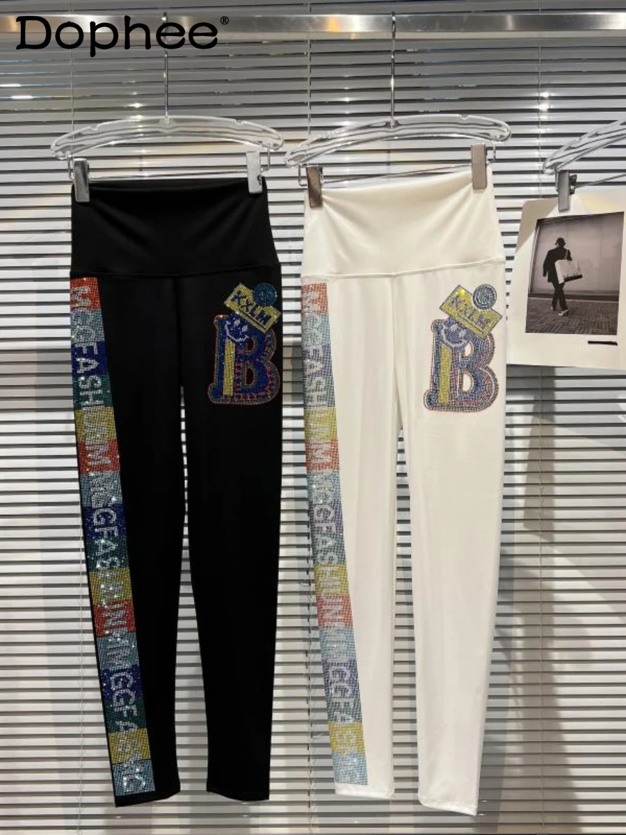 

Streetwear Heavy Colorful Rhinestone Black Leggings Women 2022 Autumn New Yoga Fitness Pants Outer Wear Stretch Slim Leggings