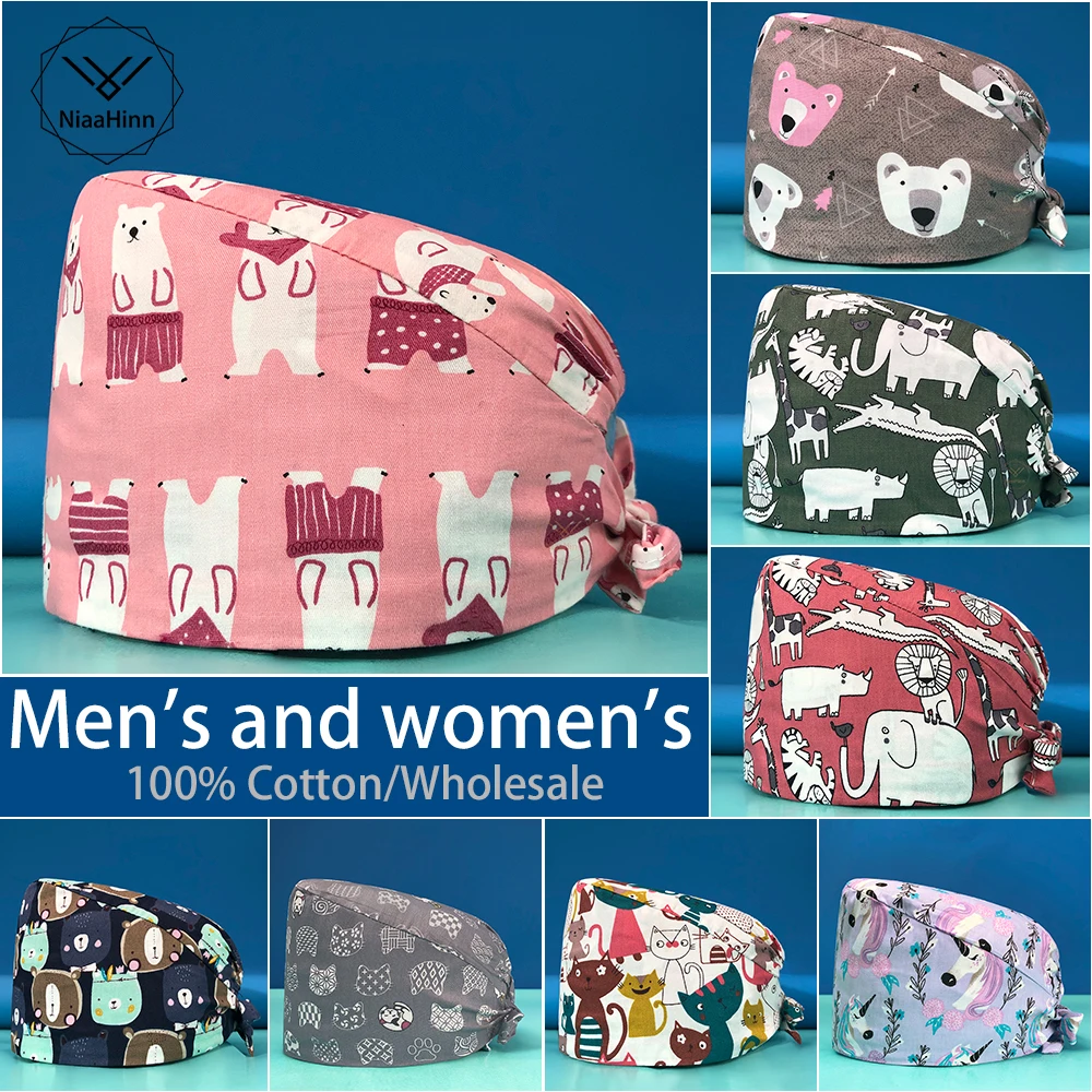 

100% Cotton High Quality Men's Surgical Hats Printing Breathable Beauty Salon Nursing Cap Nurse Accessories Women Medical Hats