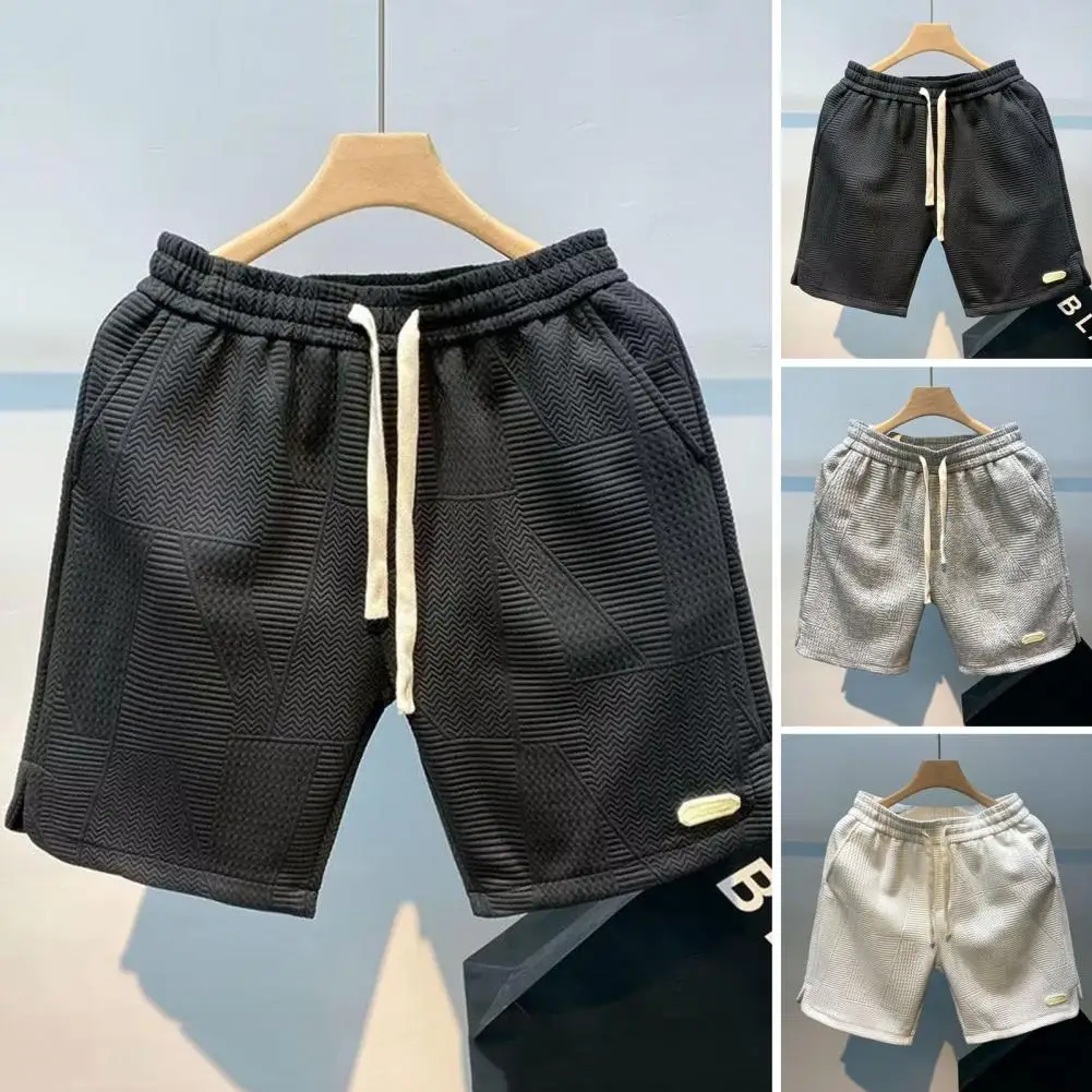 

Men Shorts Mid-Rise Elastic Waistband Shorts Drawstring Wide Leg Knee Length Summer Shorts Solid Color Pockets Fitness Shorts
