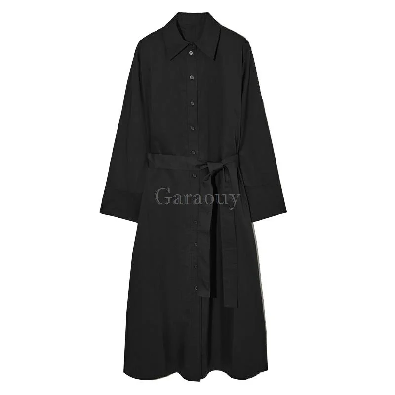 

2022 Autumn Women's Basic Black Belt Shirt Long Dress Female All-match High Quality Work Midi Dresses Robe Vestido Mujer