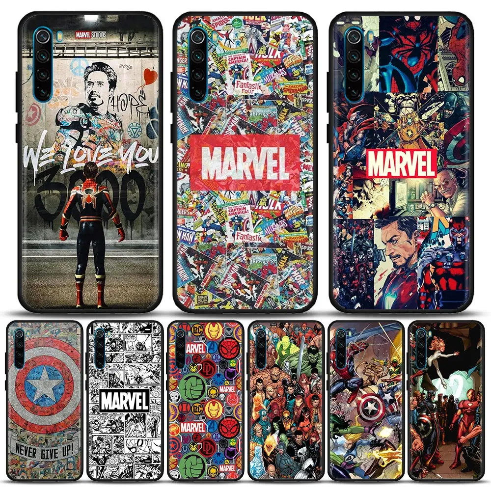 

Marvel Logo Avengers Heros Comic Phone Case For Redmi K40 K40S K50 6 6A 7 7A 8 8A 9 9A 9C 9T 10 10C Pro Plus Cover Fundas Coques