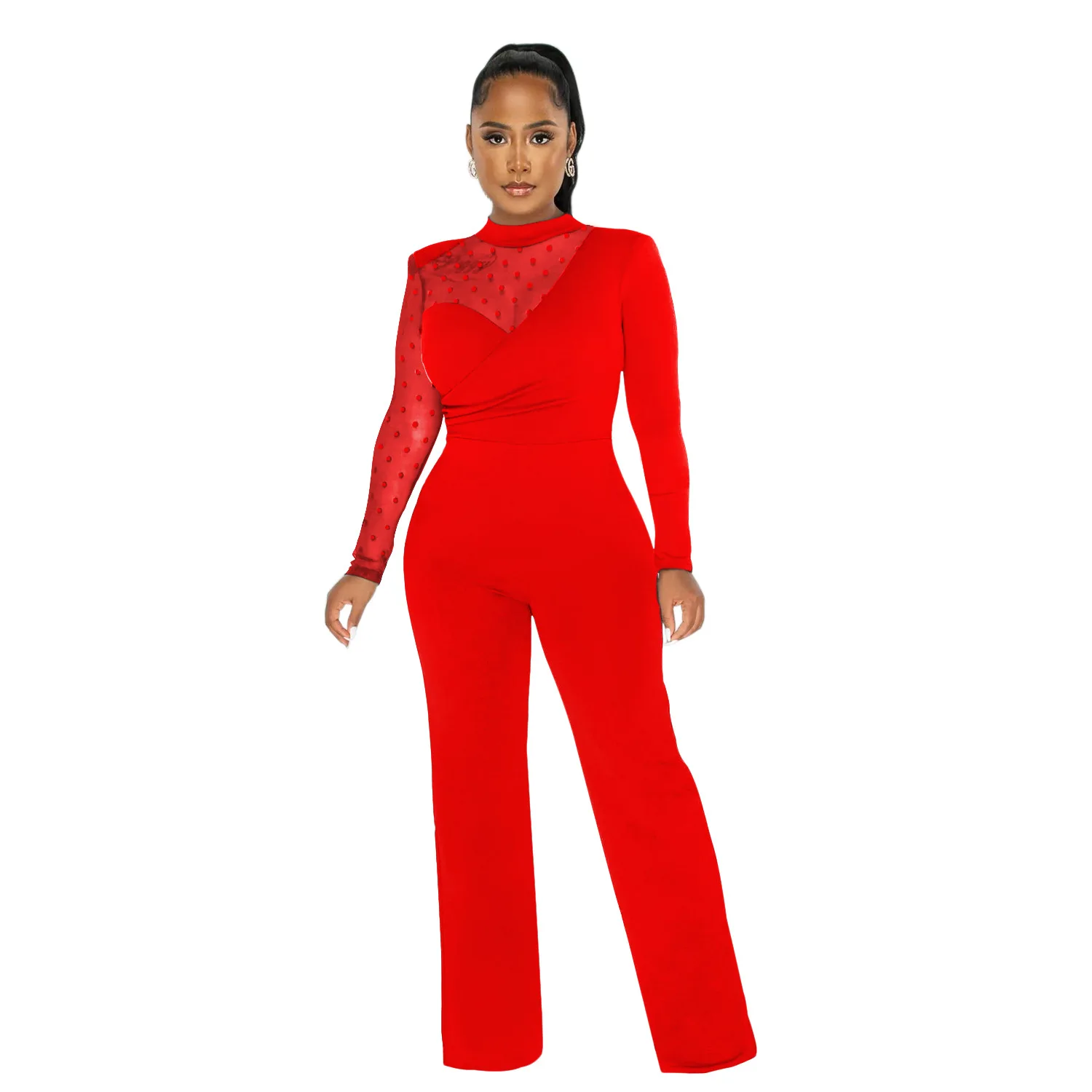 WSFEC 2022 Winter Sexy Party Jumpsuits Women Clothing African Dot Mesh Long Sleeve Bodycon Elegant Evening Bodysuit Dropshipping