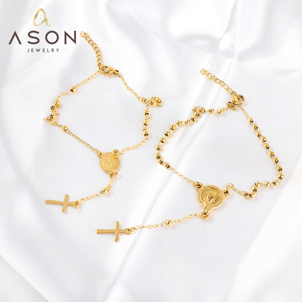 ASONSTEEL религиозный золотой цвет из нержавеющей стали цепочка бисера крест-четки