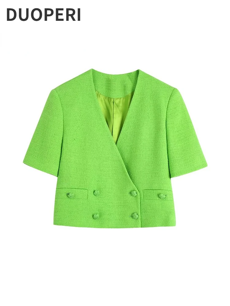 

Женская модная однотонная двубортная укороченная куртка DUOPERI, винтажные женские шикарные пальто с коротким рукавом и V-образным вырезом