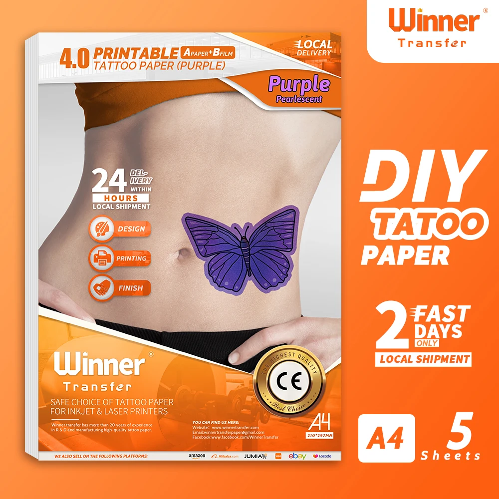 WinnerTransfer Printable Temporary Tattoos Purple Transfer Tattoo Paper Skin Tattoo Print Paper  for Inkjet or Laser Printer