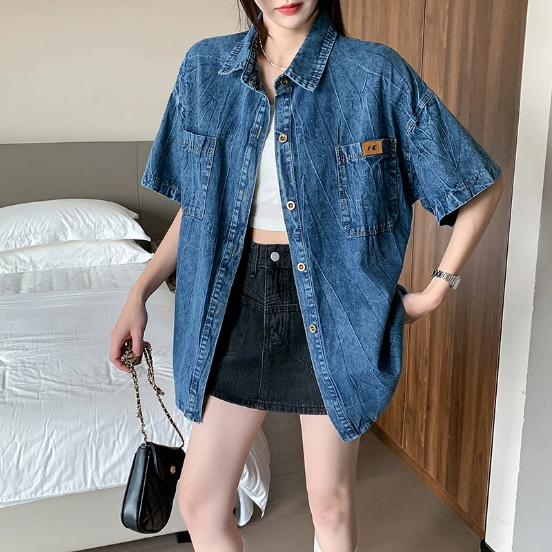 

2023 New Summer Simple Korean Fashion Classic Thin All-match Loose Short Sleeve Blue Denim Shirt Hot Sales Tops Z403