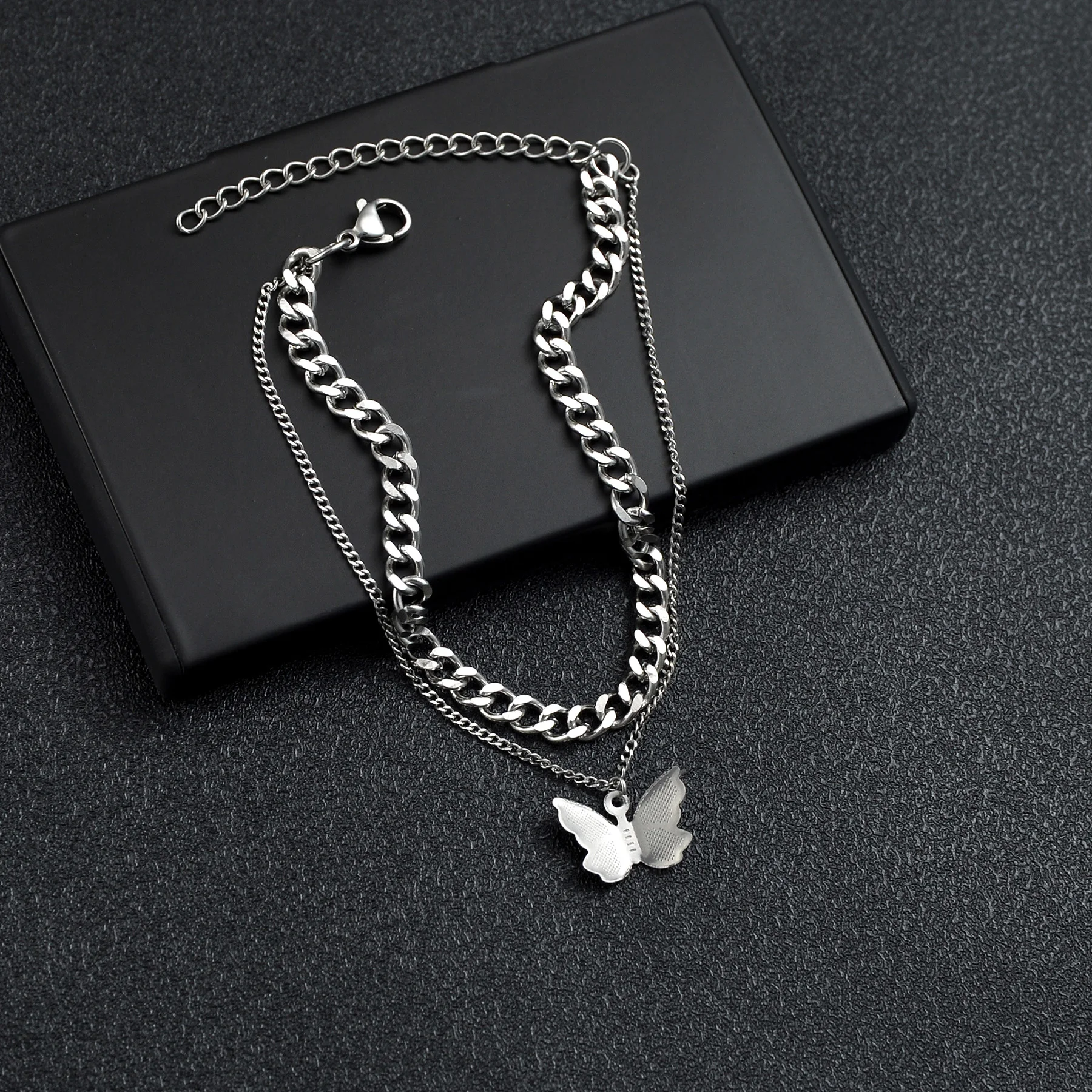 

Butterfly Name Bracelet Double Layer Engrave Personalized Stainless Steel Silver Color Simple Bracelet For Women Engagement Gift