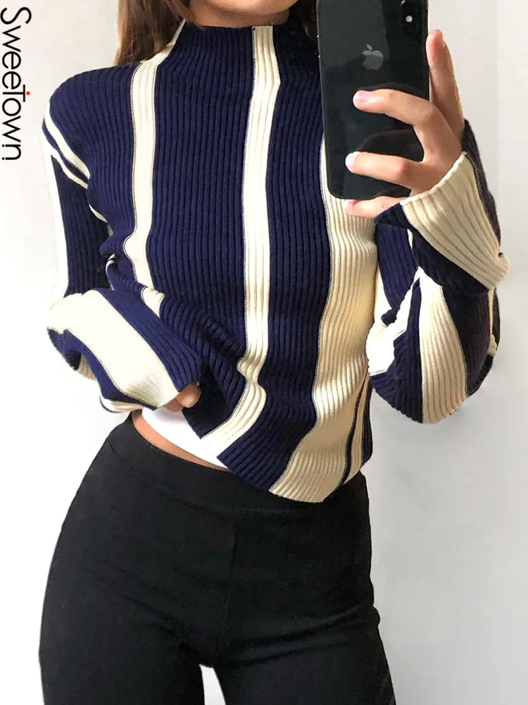 

Sweetown Asymmetry Chic Slim Tops For Women Contrast Patchwork Vintage Turtleneck Long Sleeve Autumn Winter Basic Swetshirt Y2K