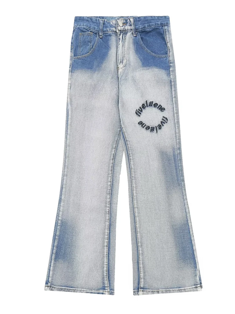 Embroidered Letter Tie Dye Wash Jeans For Men American Fashion Brand Loose Straight Trousers Casual Micro Flared Jeans For Men