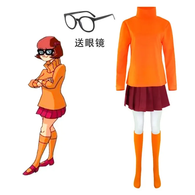 Velma Косплей Оранжевый Топ Юбка носки костюм на Хэллоуин Дафна фиолетовое платье