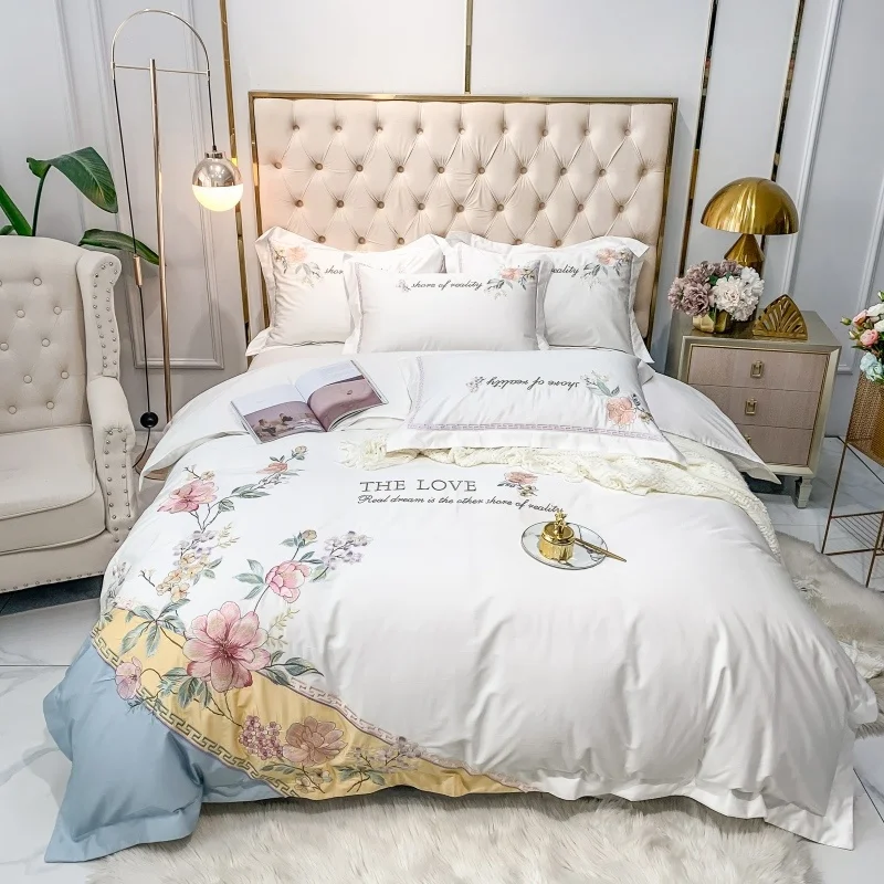 

Luxury White 1000TC Egyptian Cotton Chinese Style Flowers Embroidery Bedding Set Duvet Cover Flat/Fitted Sheet Pillowcases 4Pcs