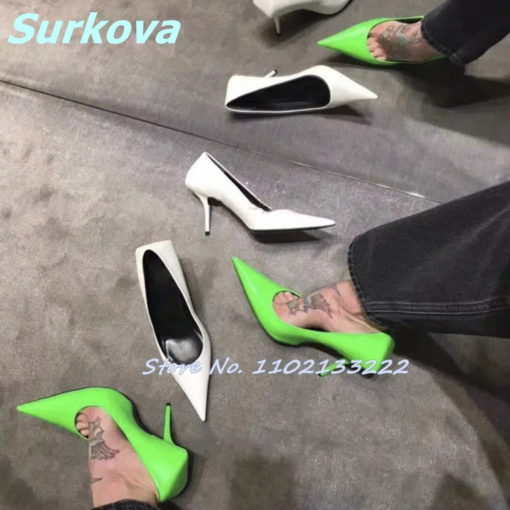 

Green Pointy Toe Pumps Thin High Heels Slip On Shallow Stilettos Fashion Sexy Unique Design All Match Women Shoes Party Office