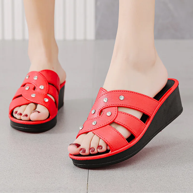 Women's Comfy High Heel Slippers Summer Thick Bottom Wedge Slides Muffin Bottom Fish Mouth Slipper Wear A Waterproof Table