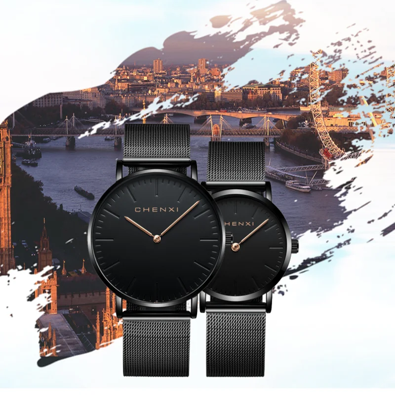

Роскошные брендовые часы, модные наручные часы для влюбленных, женские и мужские кварцевые наручные часы, черные повседневные ультратонкие часы с сетчатым ремешком