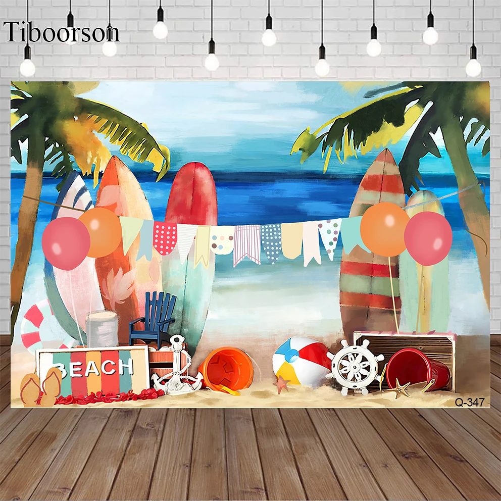 

Summer Beach Background Tropical Tree Backdrop for Photography Oil Painting Newborn PhotoShoot Beach Surfboard Photographic Prop