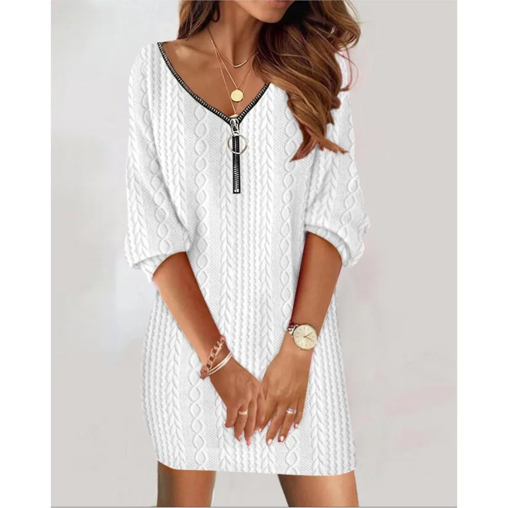 

Women Loose Casual Mini Rib Knit Dress 2023 Autumn Winter Deep V-neck Zipper Solid Simple Vacation Party Dresses White Vestidos
