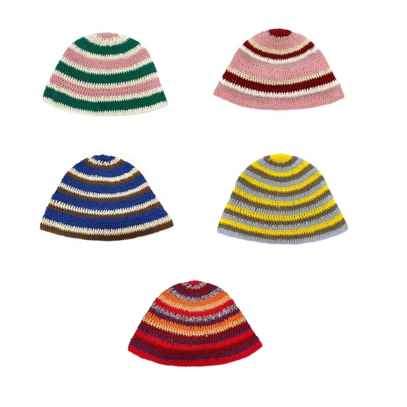 

Woman Bucket Hat Crochet Color Matching Fisherman Cap Breathable Soft Hat Casual