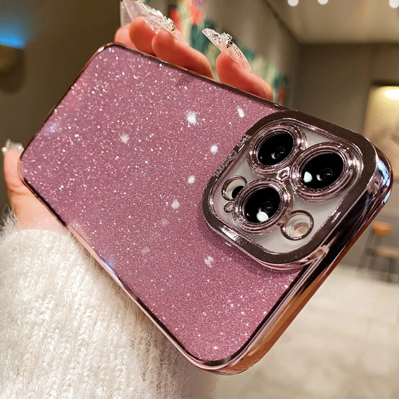 

Luxury Square Plating Glitter Case For iPhone 11 12 13 14 Pro Max Mini XR X XS 7 8 Plus SE 2 Lens Protection Soft Silicone Cover