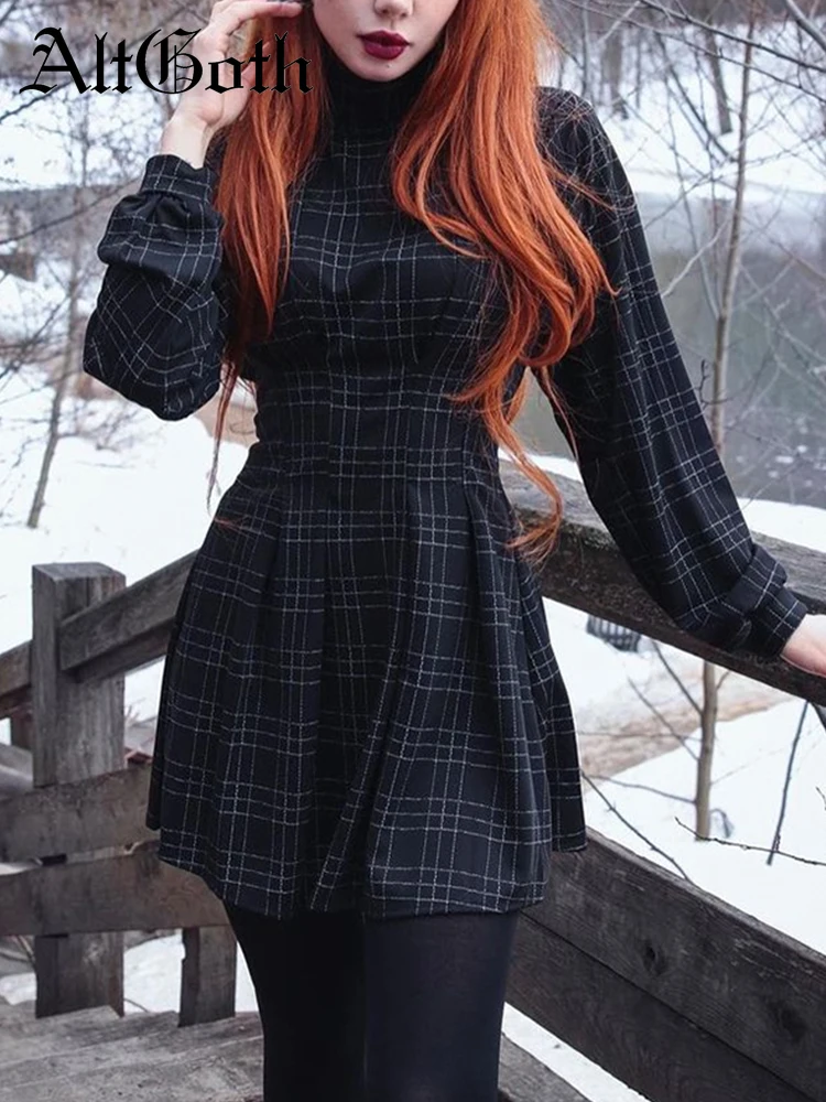 

AltGoth Dark Gothic Elegant Dress Women Harajuku Vintage Y2k Emo Alt Plaid Corset Dress Punk Mall Goth Aesthetic Fairyore Dress