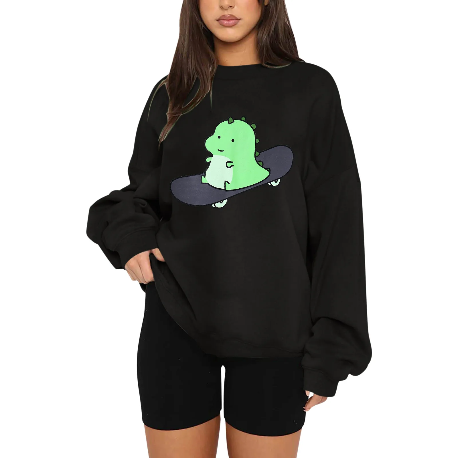 

Cute Dinosaur Print Harajuku Hoodless Sweatshirt Pullover Women O Neck Loose Long Sleeves Hoodless Lady Winter Warm Oversize Top