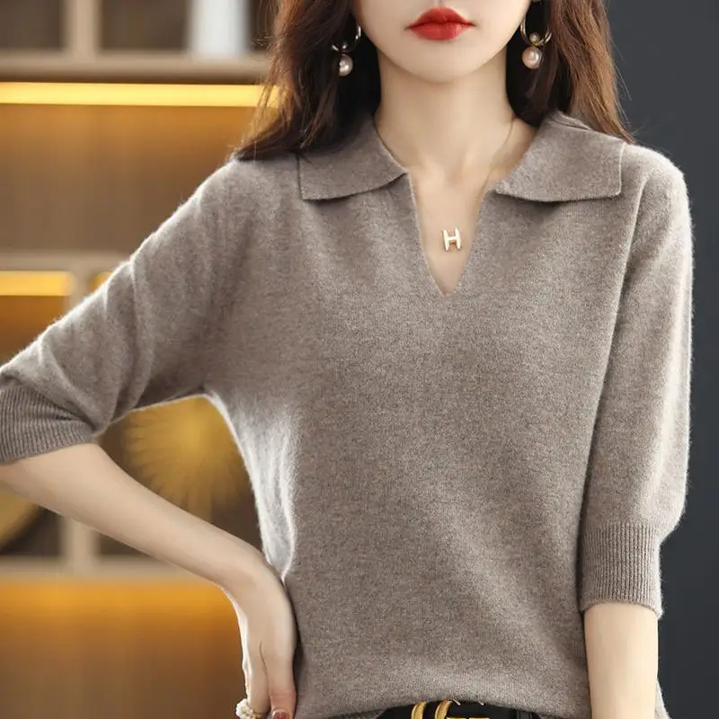 

Autumn Winter Women's Pullover Turn-down Collar Solid V-Neck Flocked Half Sleeve Sweater Knitted Undershirt Fashion Casual Tops