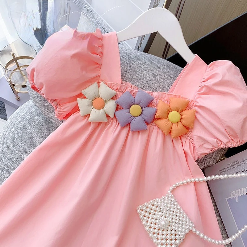 

Sweet Style Flower Girls Dress Summer 2022 Square Collar Puff Sleeved Solid Loose A-Line Kids Children Clothes Top Quality