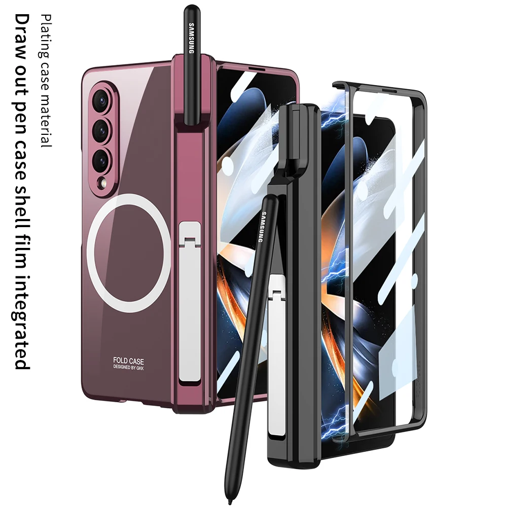 Electroplated Magnetic Hinge Pen Holder Case For Samsung Galaxy Z Fold 4 Case Wireless Charging With Glass Film Cover For Fold4