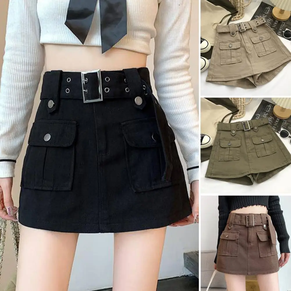 

Fashion Women Korean Style High Waist Mini Shorts Skirt with Belt Short Culotte Skirt Big Pocket A-Line Lady Short Cargo Skirt