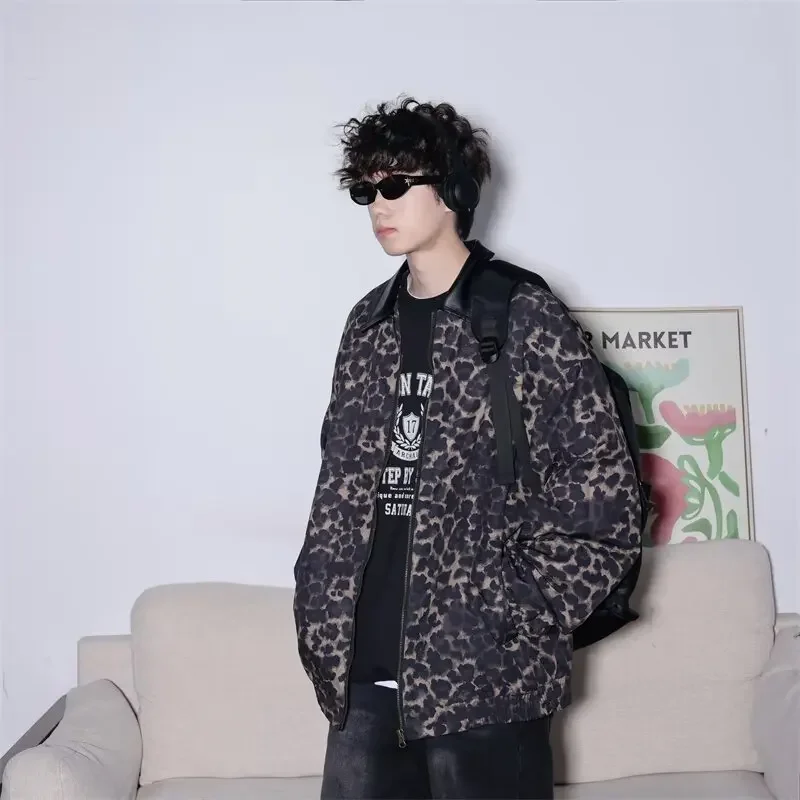 Модная леопардовая куртка в американском стиле с лацканами пэчворк свободный