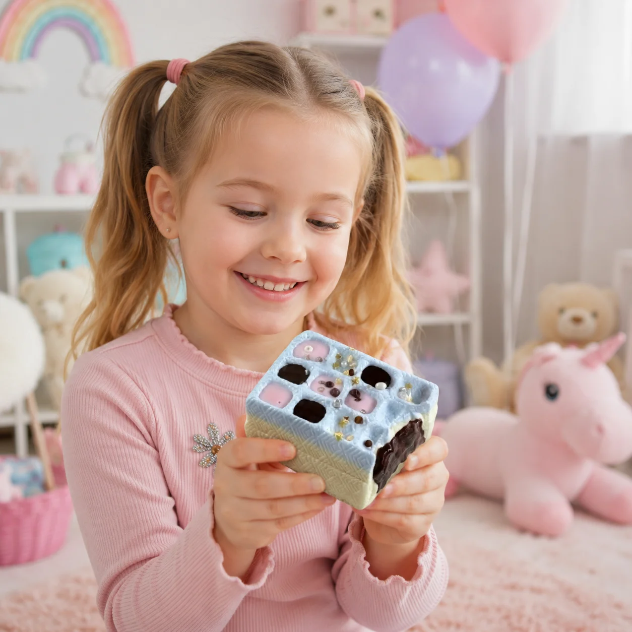 Фото Мягкая силиконовая игрушка-сквиш Kawaii Bite Square Pastry Mochi в форме шоколадного розового квадрата с сетчатым узором, пищевой силикон, для детей №2