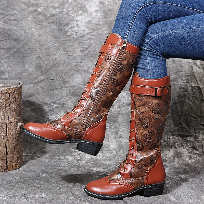 

Mid Calf Boots for Women Lace Up Western Cowboy Boots Ethnic Style Stitched Metal Buckle Womens Embroidered Boots