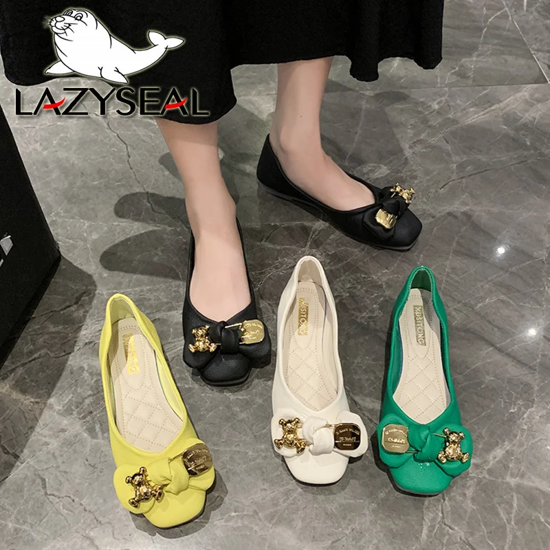 

LazySeal, милый дизайн с бантом-бабочкой, Женские однотонные кожаные туфли на плоской подошве, искусственная кожа, мягкая подошва, квадратный носок, слипоны, повседневная обувь