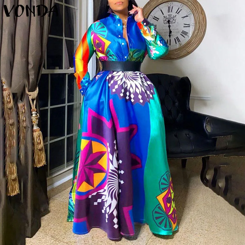 

VONDA Vintage Printed Button Up Baggy Pleated Vestido Women Lapel Collar Button Up Party Dresses Lady Long Sleeve Robe Oversized
