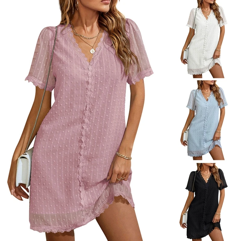 

Women Short Sleeve Sexy V-Neck Chiffon Swiss Dot Lace Trim A-Line Shift Dress