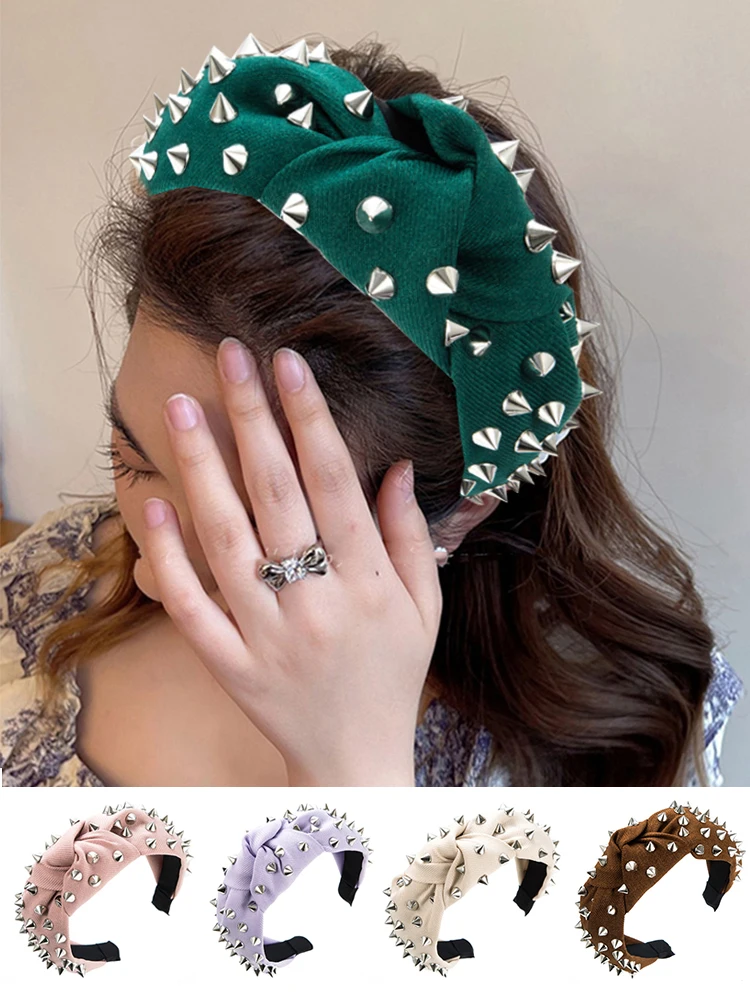 

Ободок тканевый с заклепками Женский, модный аксессуар для волос с перехлёстом, широкая повязка на голову для девушек