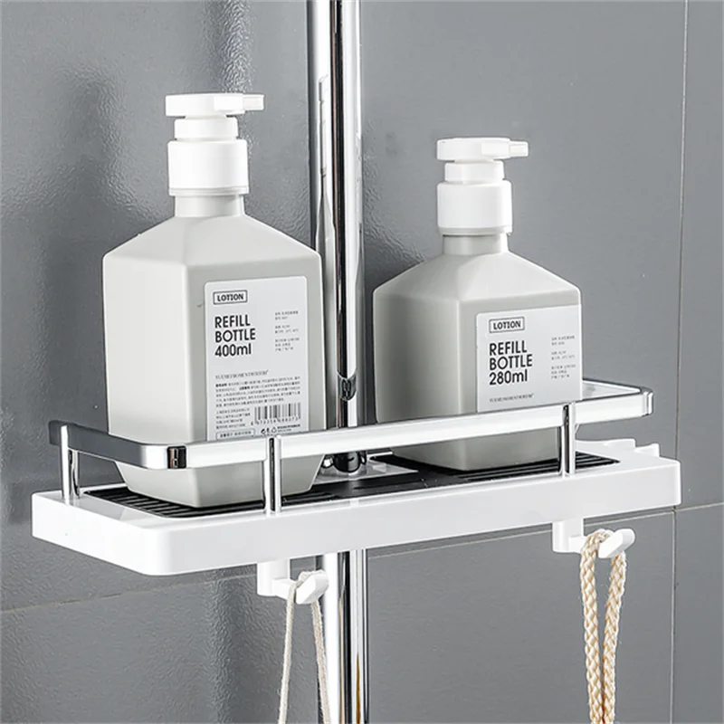 

Shower Storage Holder Bathroom Shelf Pole Shelves Shampoo Tray Stand No Drilling Lifting Rod Shower Head Holder Rack Organizer