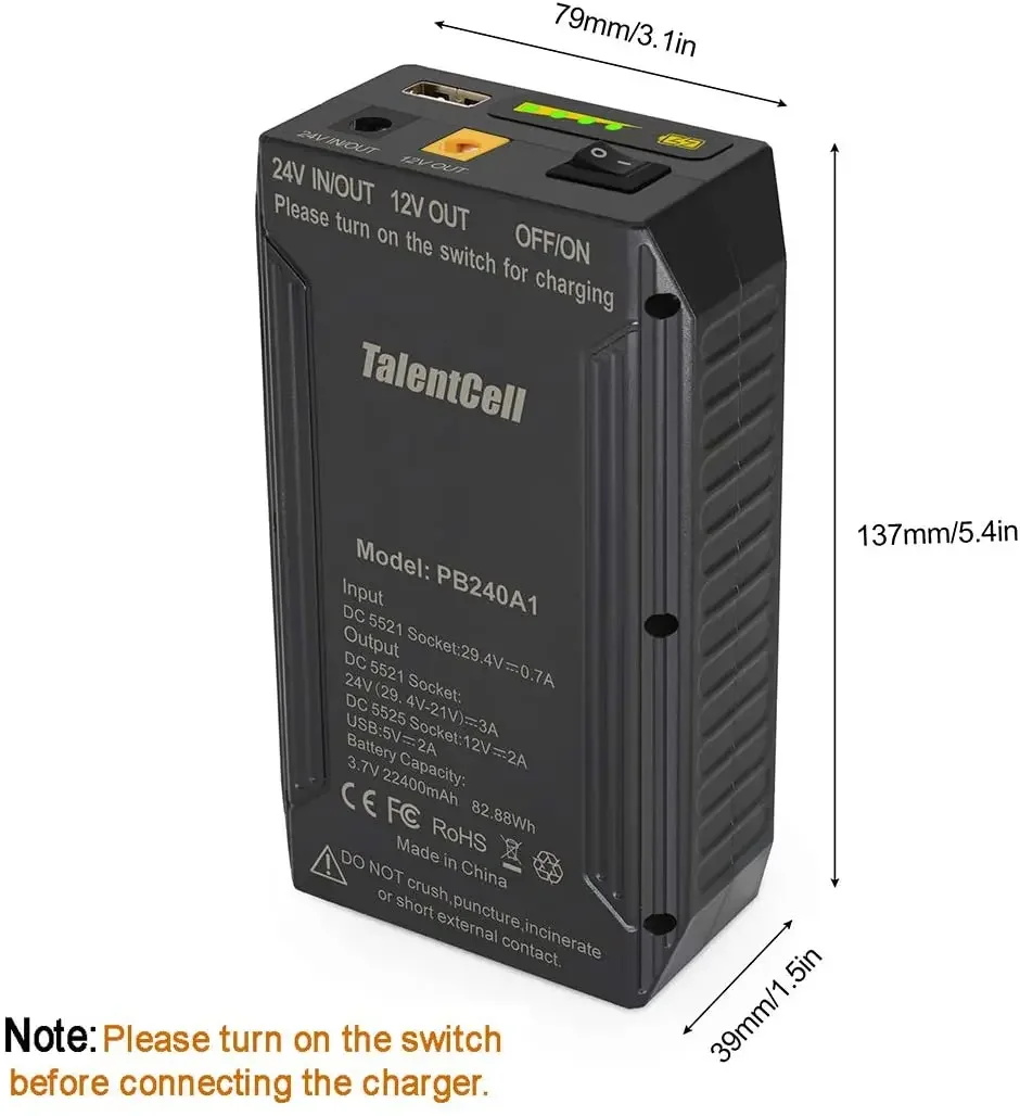 PB240A1 TalentCell 24 В литий-ионный аккумулятор 25 9 3200 мАч 82 88 Втч с выходом В/12 постоянного