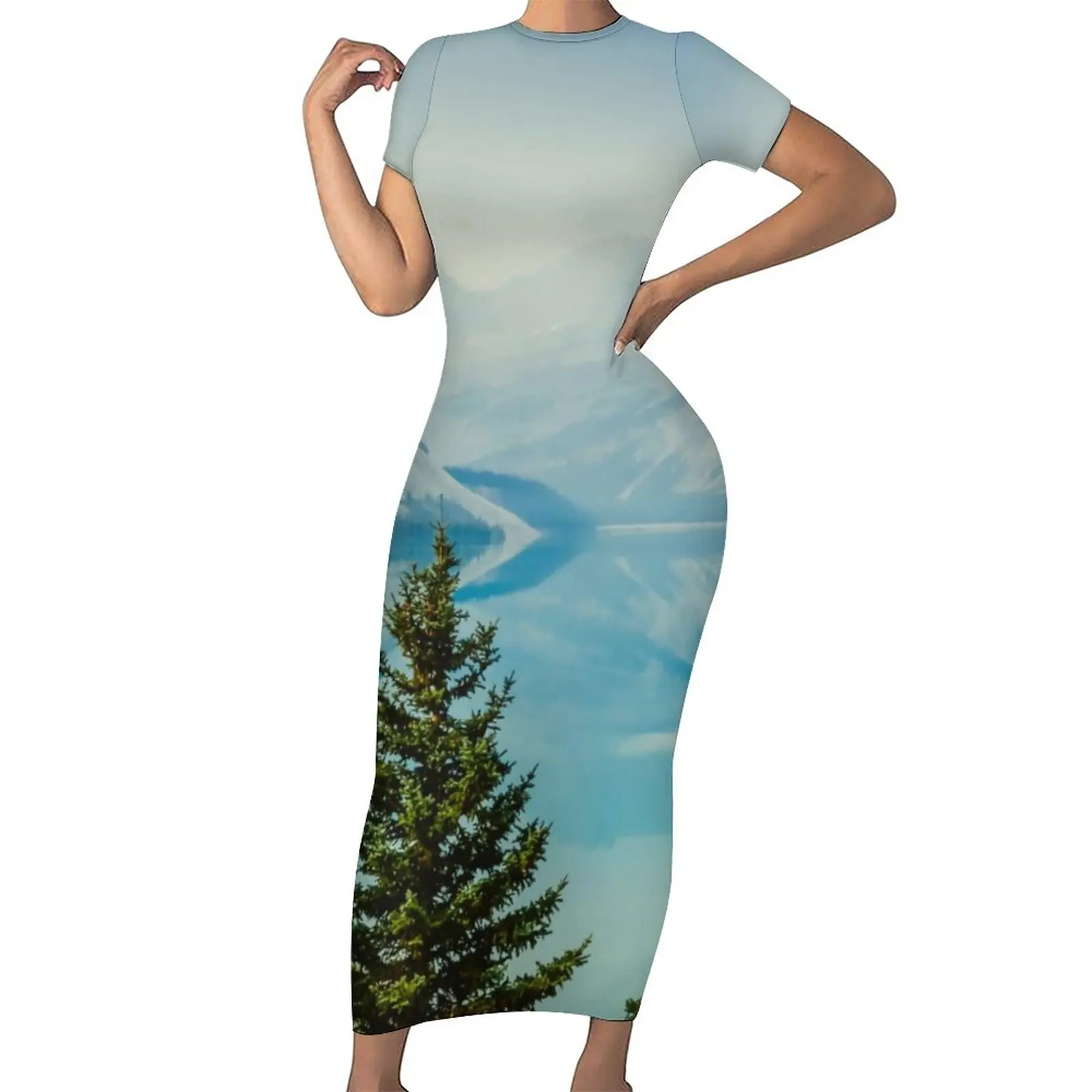 

Winter Mountains Dress Short Sleeve Tree And Lake Print Street Wear Maxi Dresses Club Bodycon Dress Graphic Oversized Vestido
