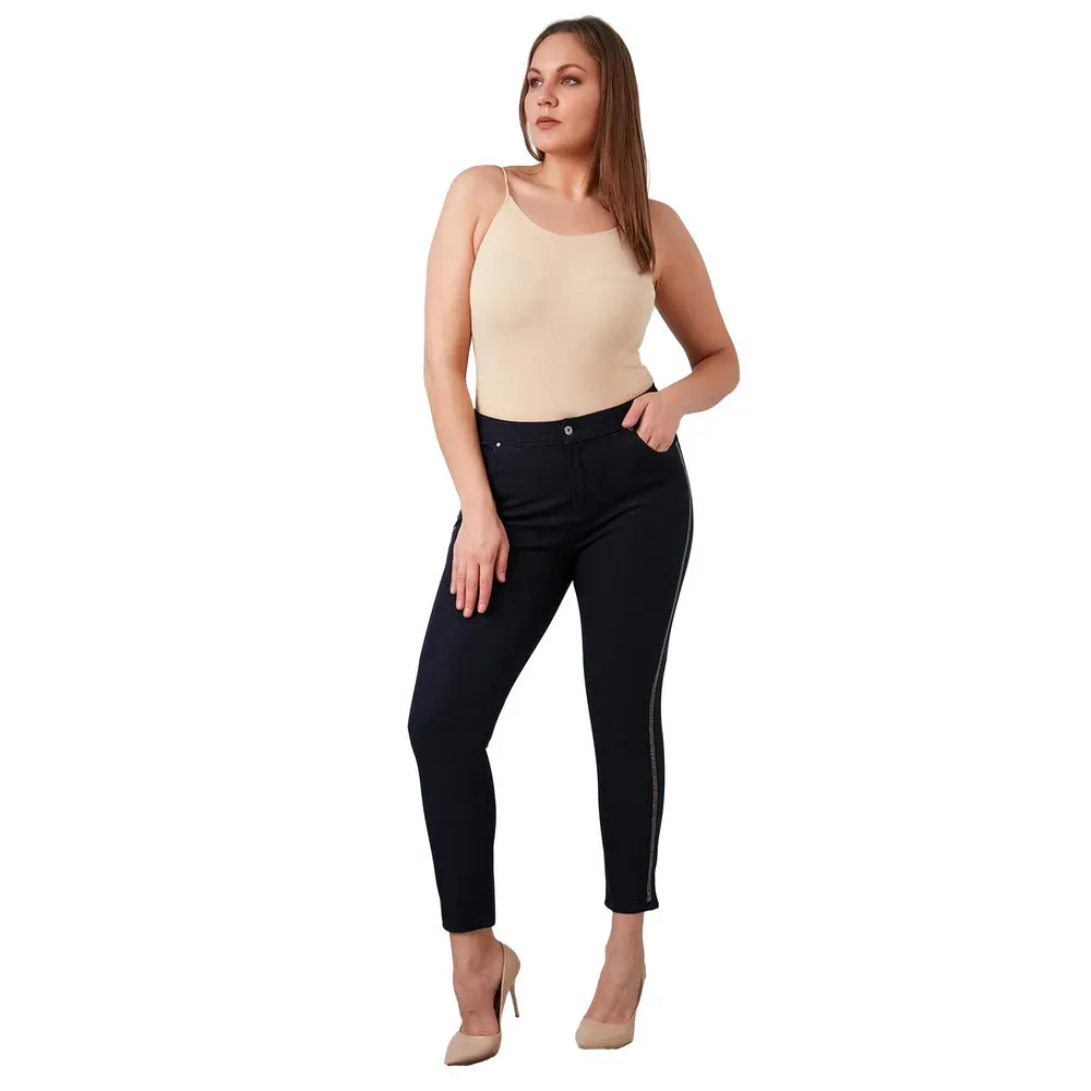 Fierte Women Plus Size Pants Rg1542 Jean High Waist Tight Trotting Ribbon Detail Zipper Closure Cotton Spring Summer