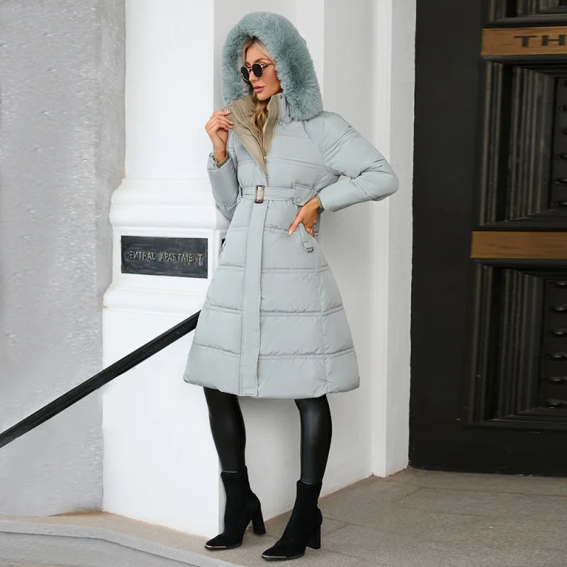 Winter Women's Warm Cotton Coats with Fur Hooded Kpop Long Blue Belt Jacket Lady Graceful Casual Joker Parkas Solid Outerwear