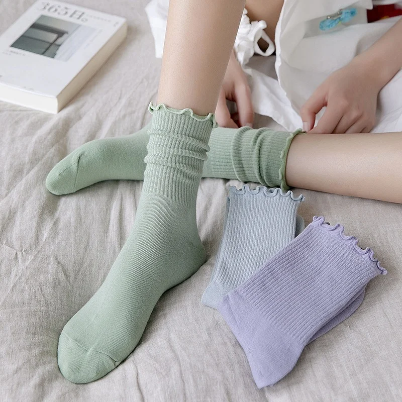 7 Pairs Spring Summer Fungus Lace Socks Women Socks Japanese Korean Cute Harajuku Pile Socks Solid Color Cotton Socks