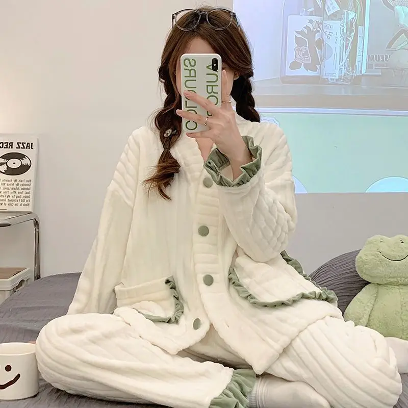 Yasuk Autumn Winter Women's Casual Lovely Sweet Girl Warm Soft Sleepwear Loose Pajamas With Pants  Velvet Simple Lace Pocket