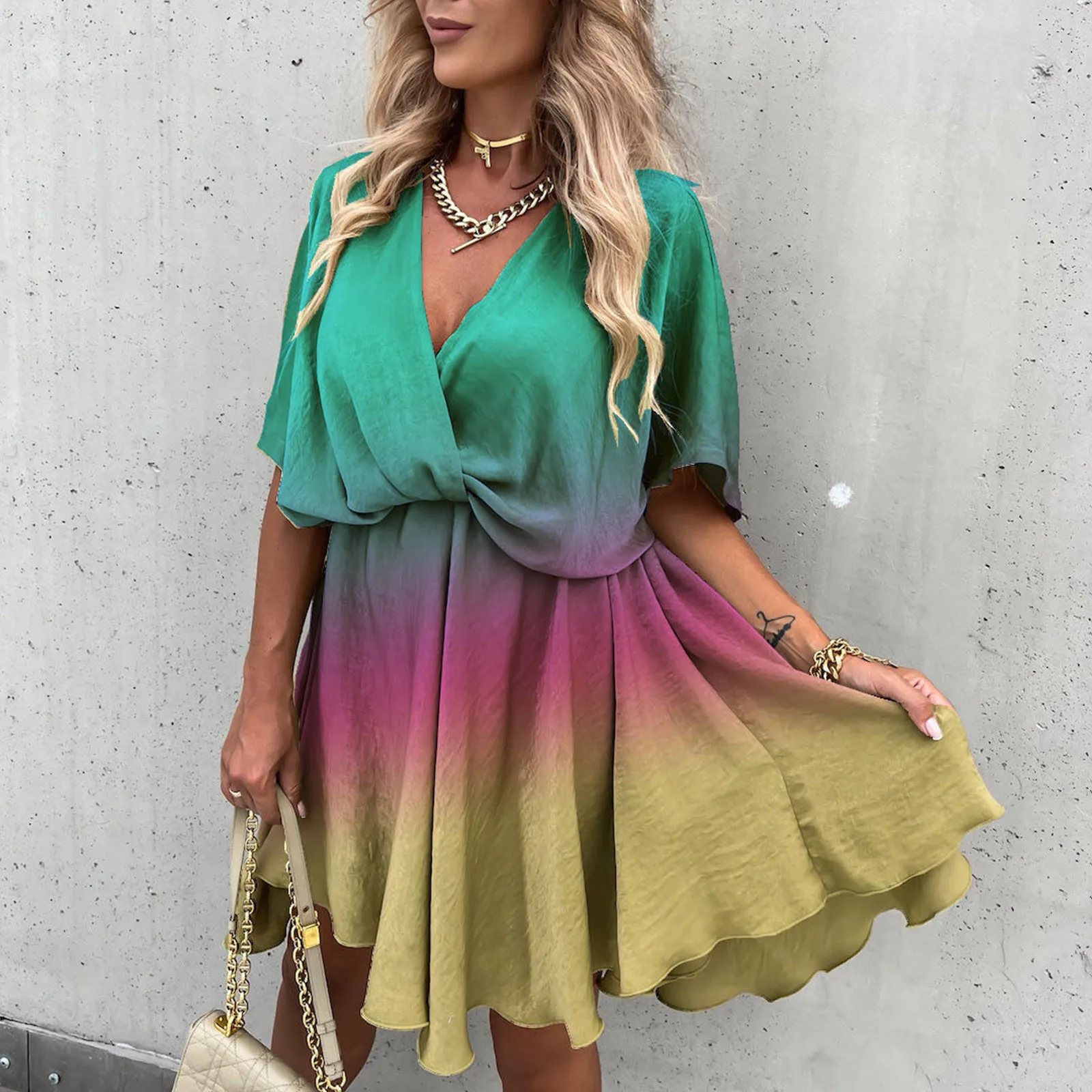 

Womens Summer Fashion Women Print Mini Dress Batwing Sleeve Overlap Flowy Swing Dress Summer Beach Black Sleeveless Dress