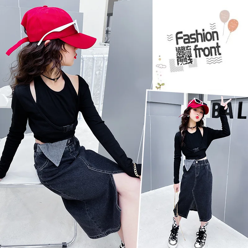 

Girls skirt suit 2022 spring and autumn new fashionable western style bottoming shirt denim skirt two-piece fashion