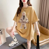 womens summer new printed loose mid length cotton short sleeved t shirt