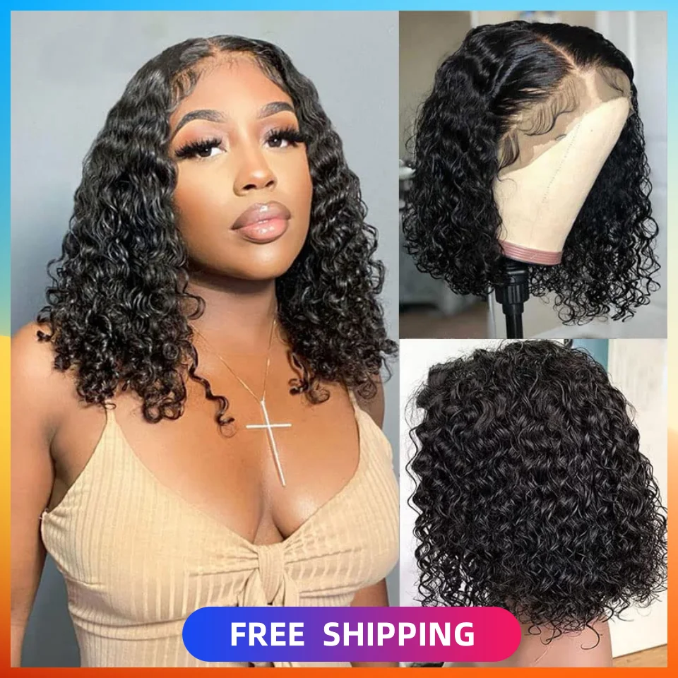 Water Wave Short Bob Wig 16Inch Glueless 4x4 HD Lace Closure Wig For Women Human Hair Pre Plucked Natural Black Brazilian Hair